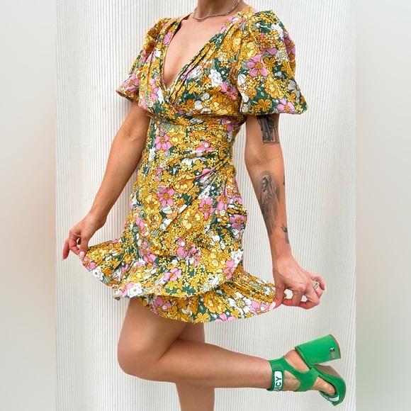 ANTHROPOLOGIE RAHI Petra Retro Faux Wrap Dress in Yellow Floral Size S - Picture 1 of 4
